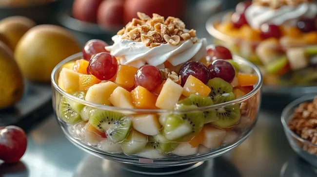 Bunter Obstsalat mit frischen Früchten und Sahne