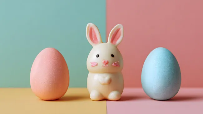 Bunter Osterhintergrund mit Eiern und Plüschhasen