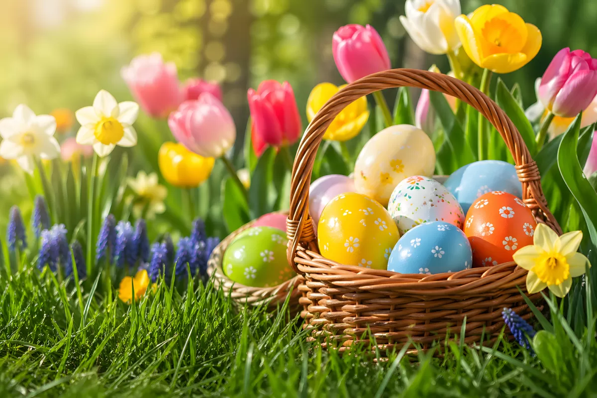 Bunter Osterkorb mit dekorierten Eiern im Frühlingsgarten