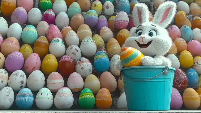 Bunter Osterstrauss mit Hasen und bemalten Eiern