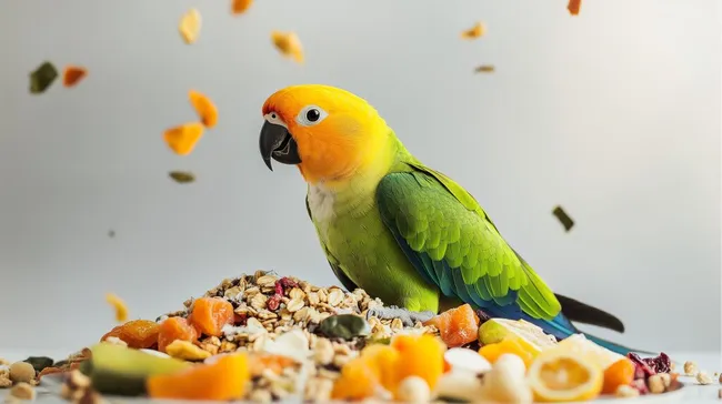 Bunter Papagei isst Obst und Nüsse
