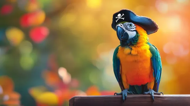 Bunter Papagei mit Piratenhut in sonniger Umgebung