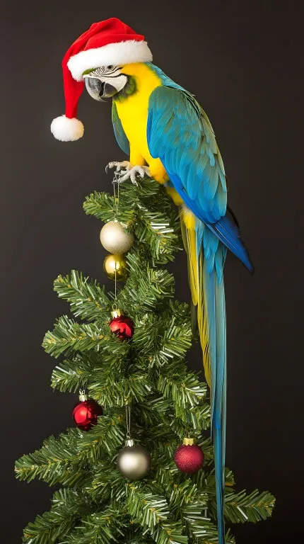 Bunter Papagei mit Weihnachtsmütze auf Christbaum