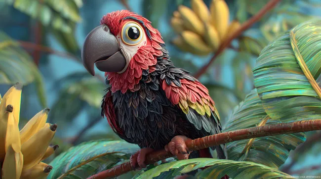 Bunter Papagei sitzt auf Ast zwischen Bananenblättern