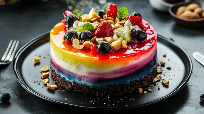 Bunter Regenbogen-Cheesecake mit Früchten und Nüssen