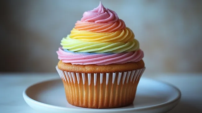 Bunter Regenbogen-Cupcake mit farbenfroher Buttercreme