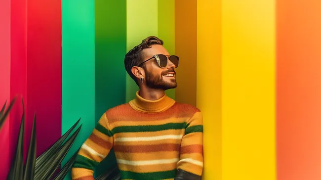 Bunter Regenbogen-Outfit vor farbiger Wand