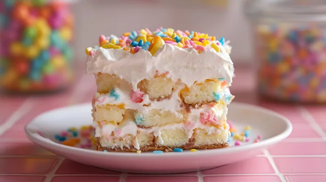 Bunter Regenbogenkuchen mit Sahne und Streuseln