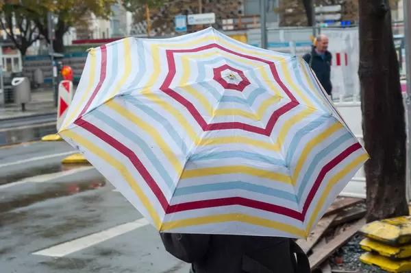 Bunter Regenschirm aufgespannt bei herbstlichen, regnerischen Wetter an einer Straße