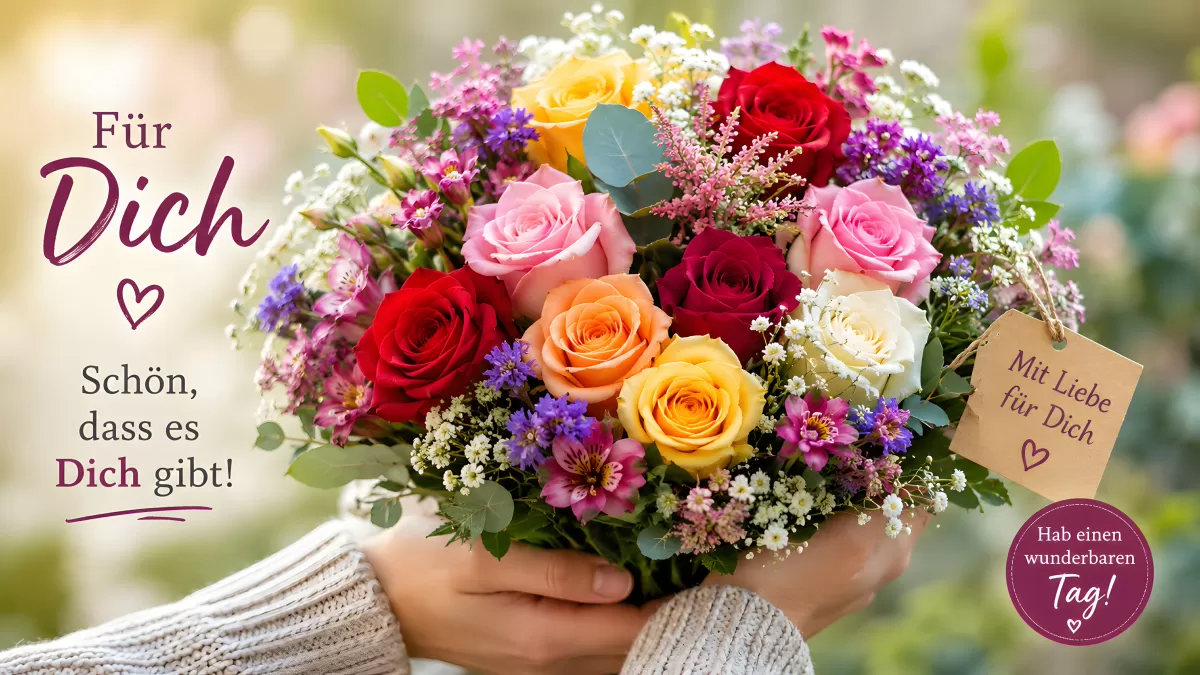 Bunter Rosenstrauß als Geschenk mit liebevoller Grußkarte