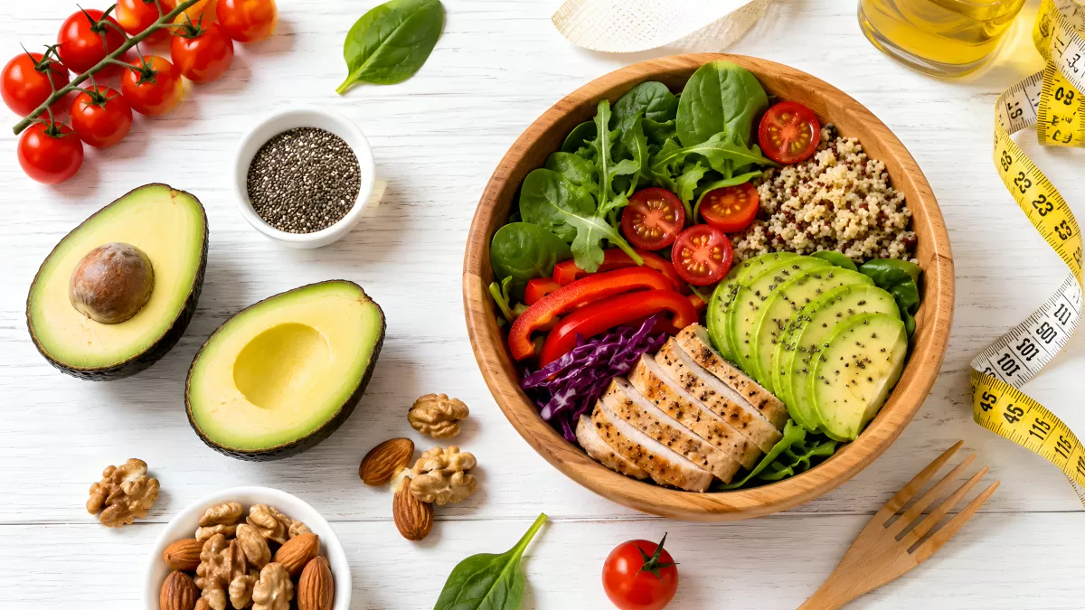 Bunter Salat-Bowl mit Hähnchen und Avocado