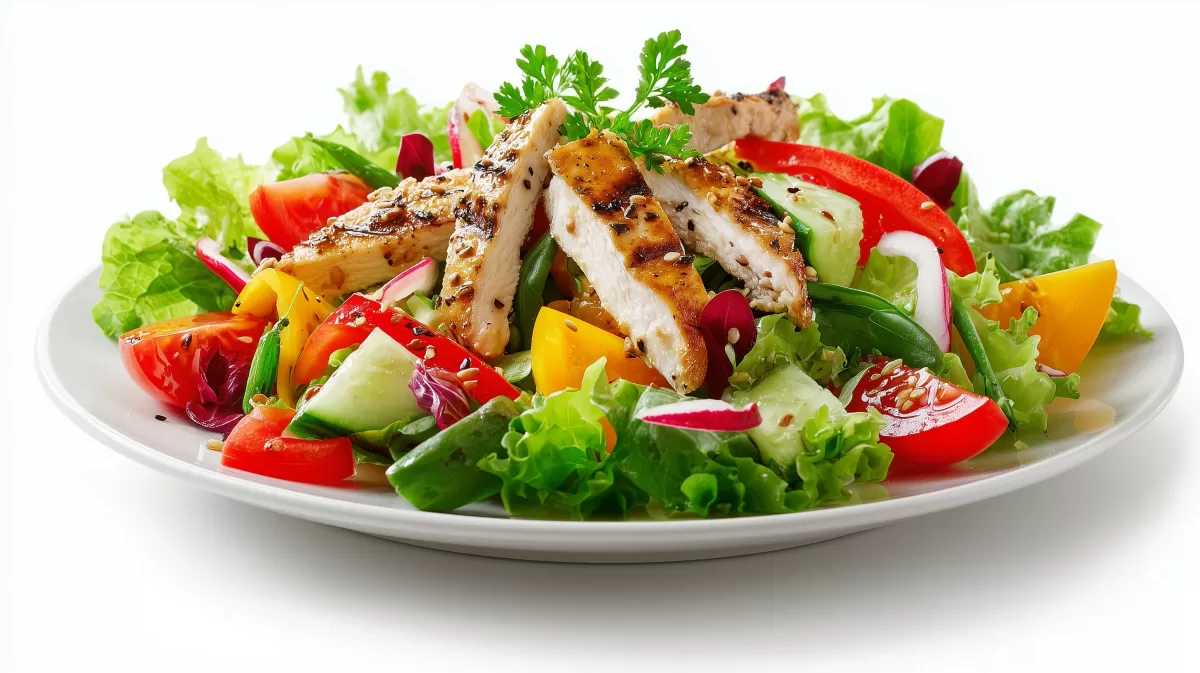 Bunter Salat mit frischem Gemüse und gegrilltem Hähnchen