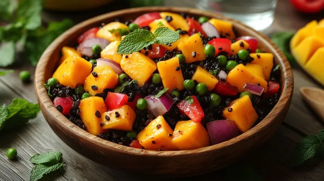 Bunter Salat mit Mango und Gemüse in Holzschale