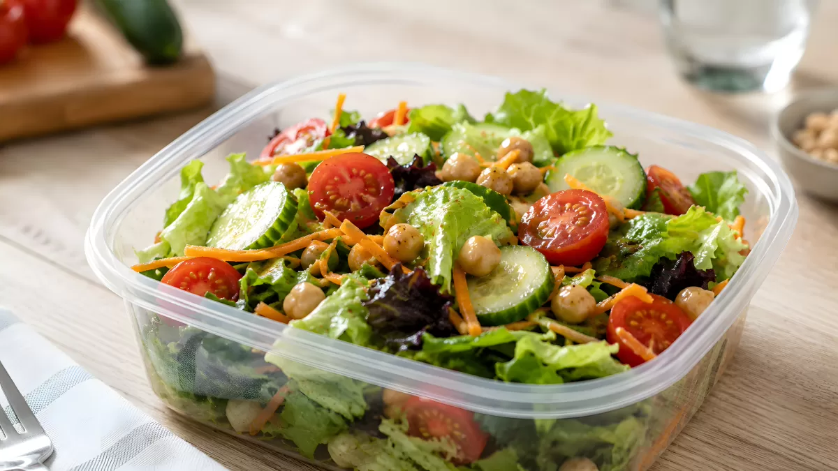 Bunter Salat mit Tomaten und Kichererbsen in Lunchbox