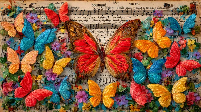 Bunter Schmetterlingsflug auf Musiknoten und Blumen