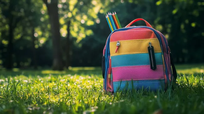 Bunter Schulrucksack mit Stiften auf Wiese