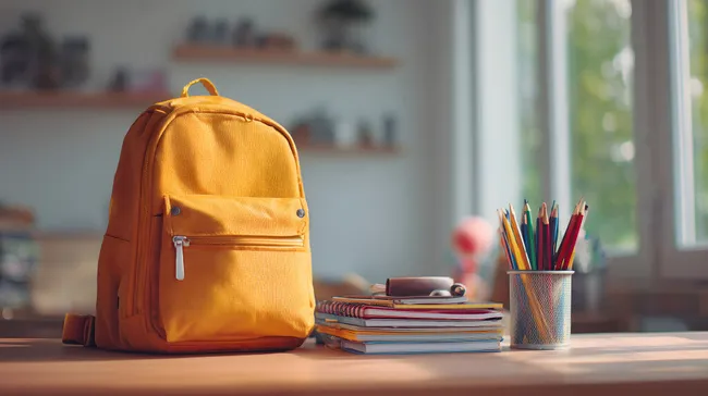 Bunter Schulrucksack und Schreibwaren auf Holztisch