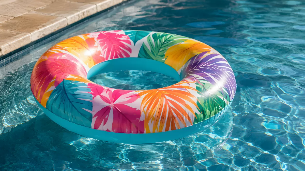 Bunter Schwimmring mit Tropenblumen im Pool