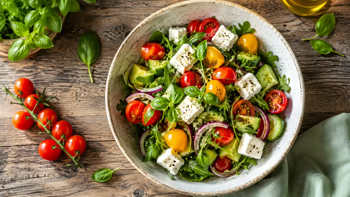 Bunter Sommersalat mit Feta, Tomaten und Rucola