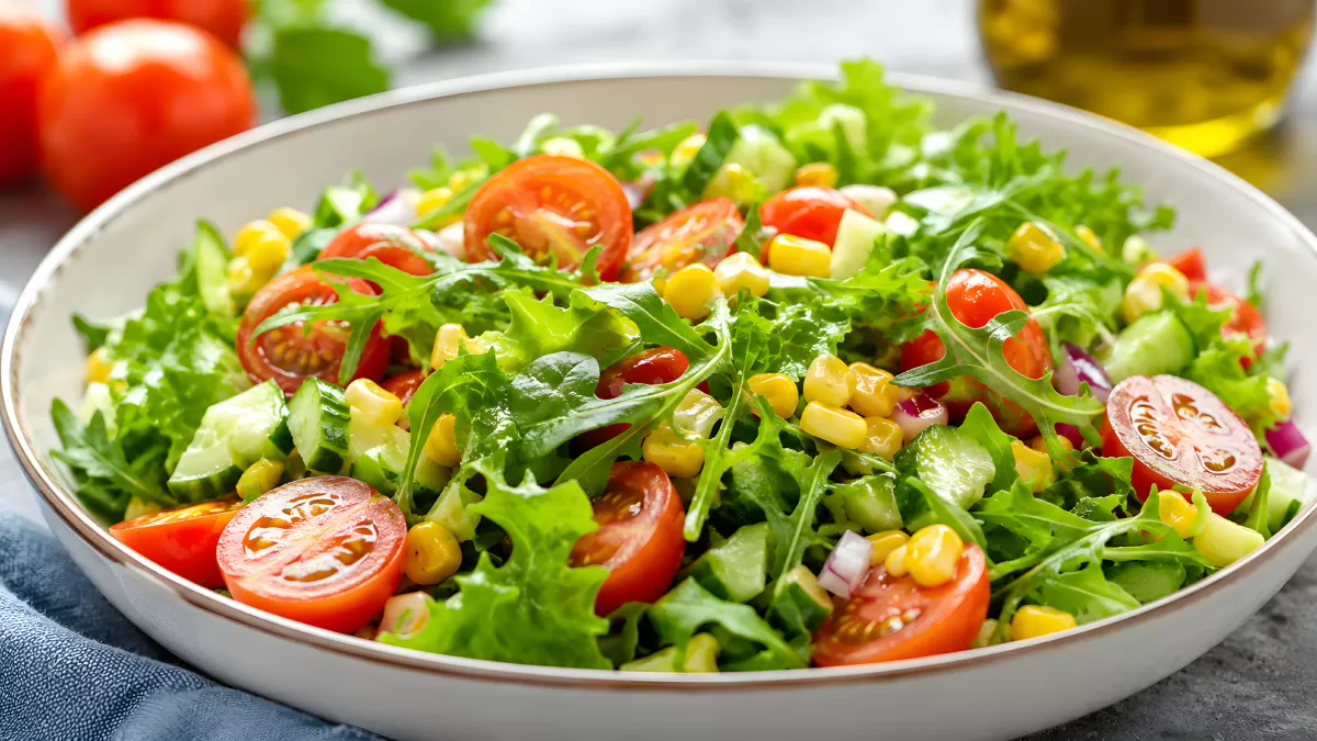 Bunter Sommersalat mit Tomaten, Mais und Rucola