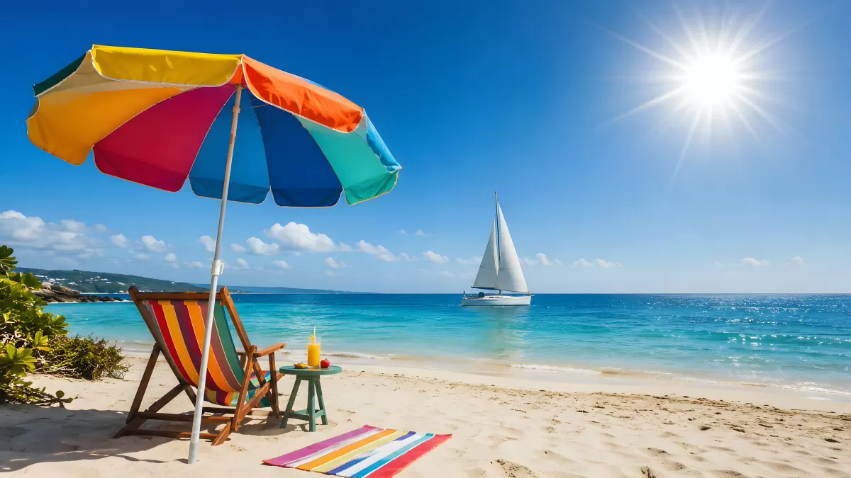 Bunter Sonnenschirm am Sandstrand mit Segelboot