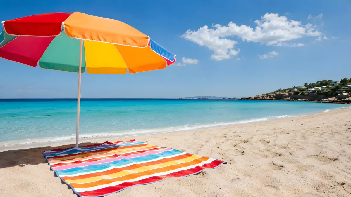 Bunter Sonnenschirm mit Strandtuch am türkisblauen Meer