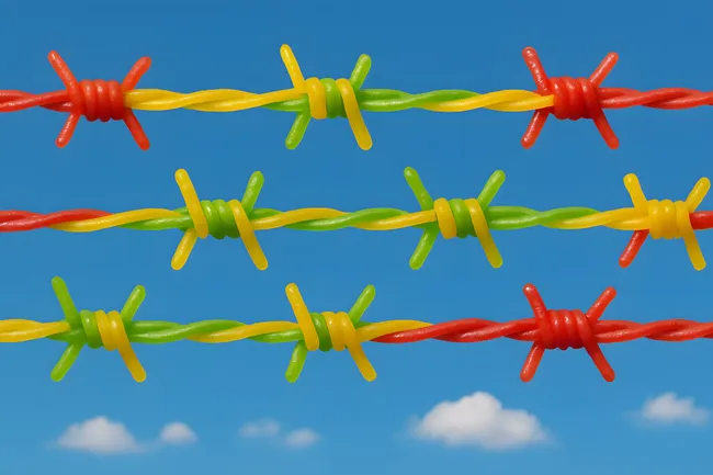 Bunter Stacheldrahtzaun aus Gummibärchen vor blauem Himmel