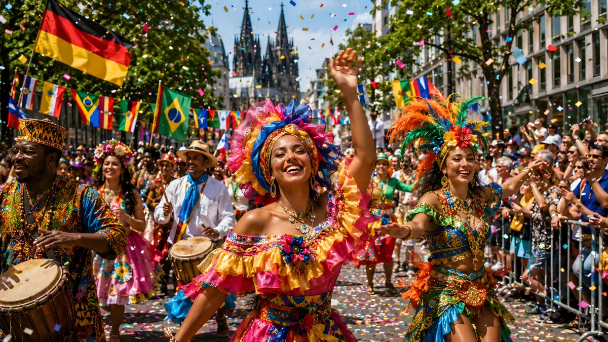 Bunter Straßenkarneval mit Tänzerinnen und Konfetti