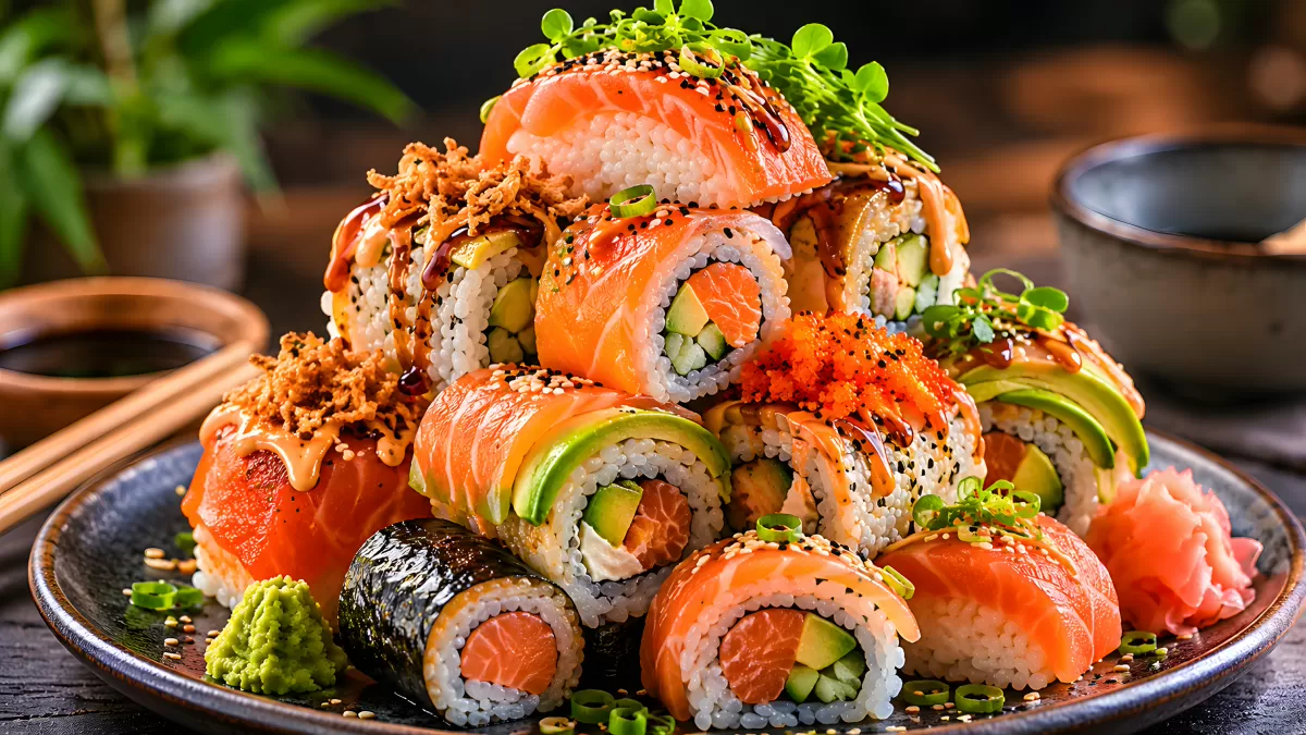 Bunter Sushi-Teller mit Lachs, Avocado und Soßen