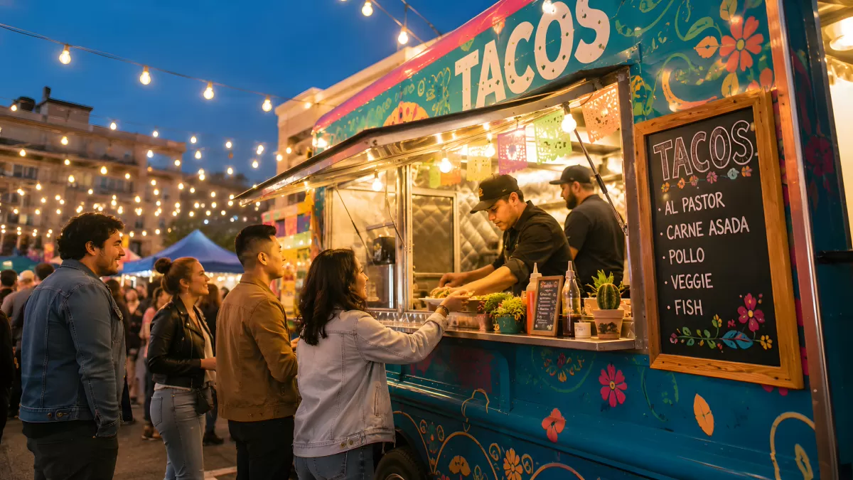 Bunter Taco-Foodtruck bei Nacht auf einem Straßenfest