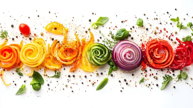 Bunter Teller mit spiralisierten Gemüseblumen