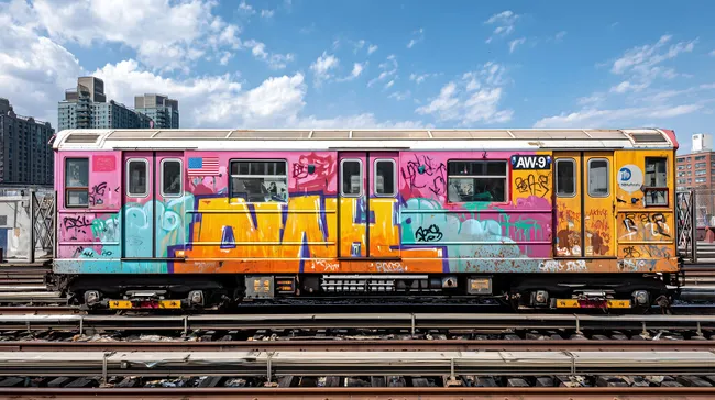 Bunter U-Bahn-Wagon mit Graffiti-Kunst in New York