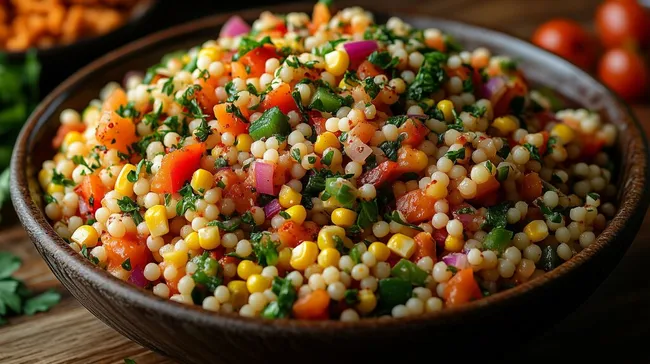 Bunter und leckerer Couscous-Salat in rustikaler Schüssel