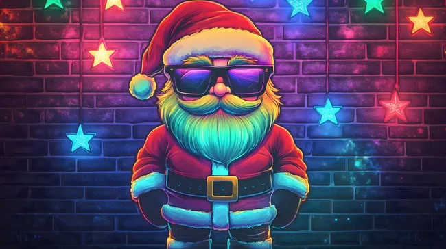 Bunter Weihnachtsmann mit Sonnenbrille vor leuchtender Wand