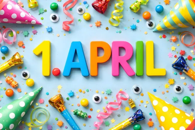 Buntes 1. April-Dekor mit Konfetti und Partyutensilien