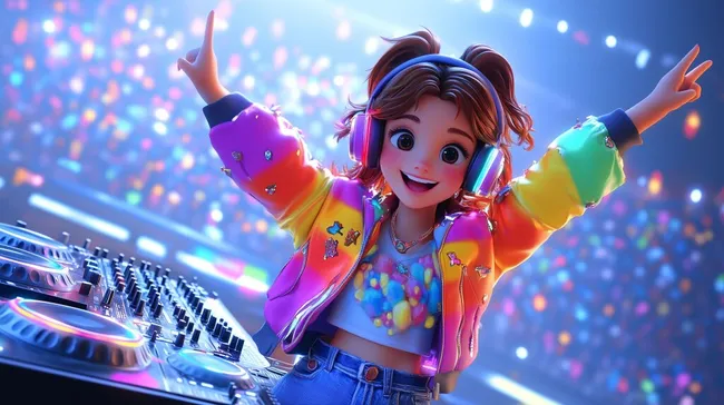 Buntes Anime-Mädchen als DJ in dynamischer Musikszene