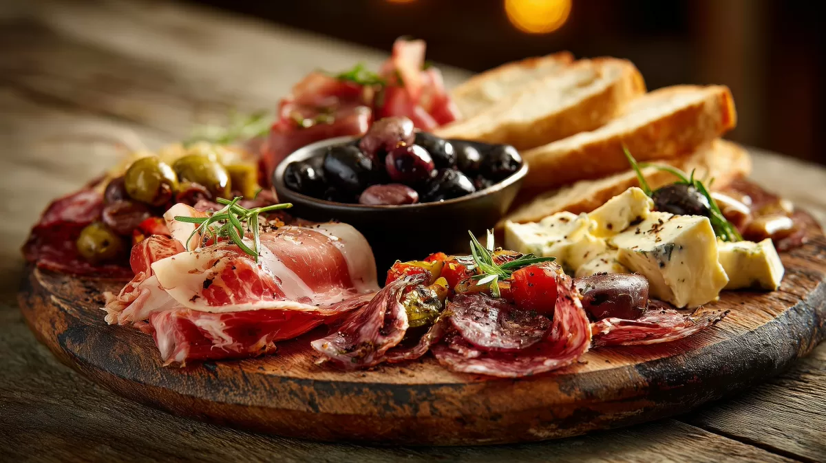 Buntes Antipasti misti auf rustikalem Holzbrett