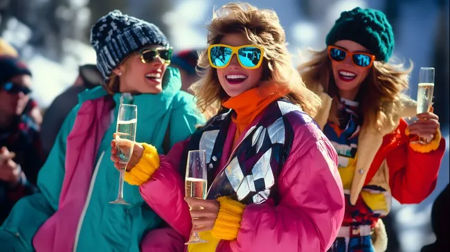 Buntes Après-Ski-Fest mit Champagner und Wintersport-Outfits