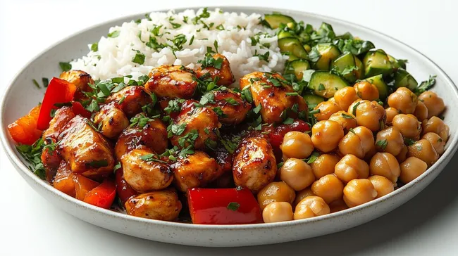 Buntes, aromatisches Wok-Gericht mit Hühnchen und Kichererbsen