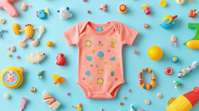 Buntes Babystrampler-Foto mit süßen Spielsachen