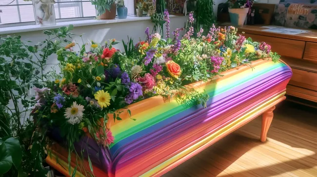 Buntes Blumenarrangement auf einem Regenbogen-Sarg
