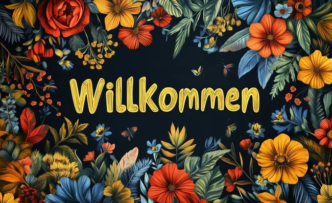 Buntes Blumenarrangement mit Willkommen-Schriftzug