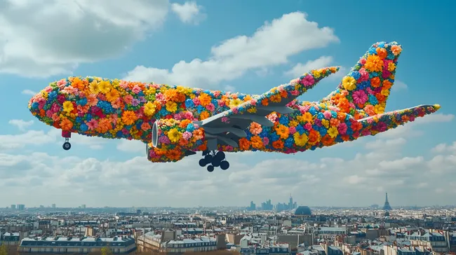 Buntes Blumenflugzeug über Paris-Skyline