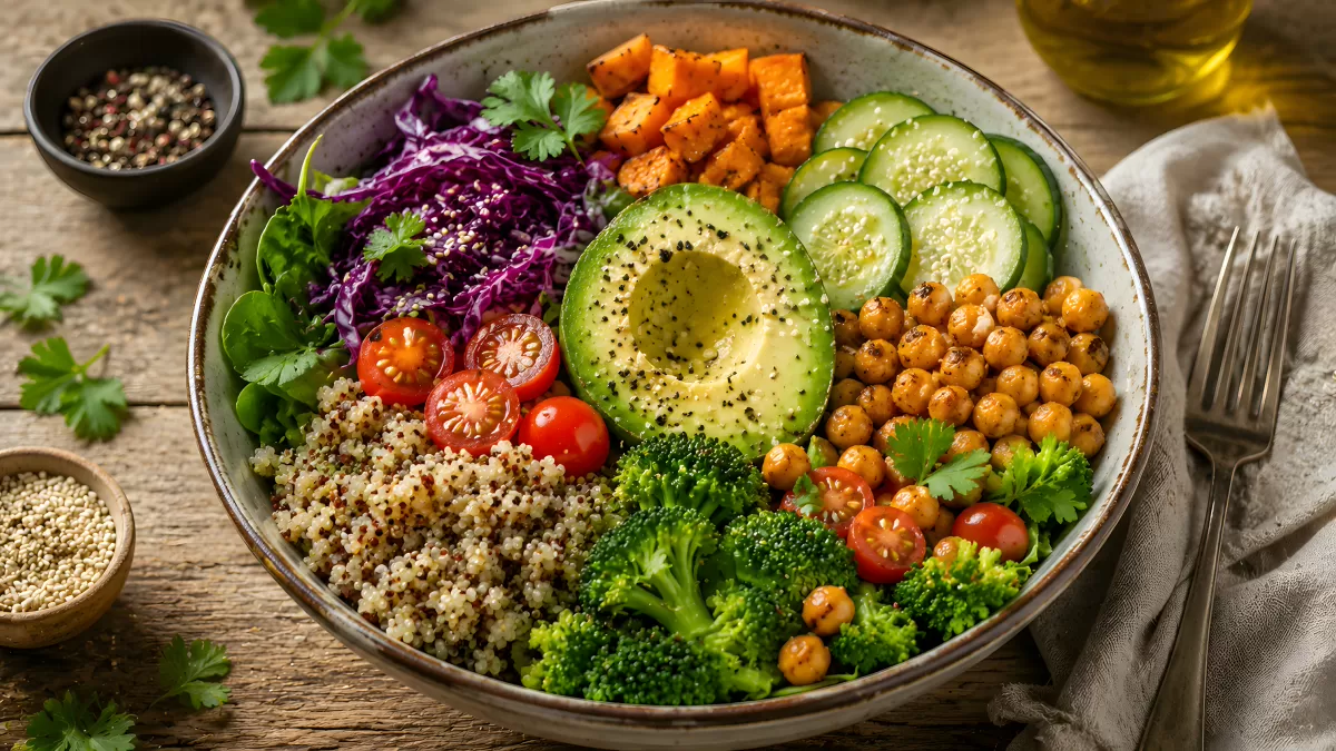 Buntes Buddha Bowl mit Avocado und Quinoa — Bild kostenlos herunterladen