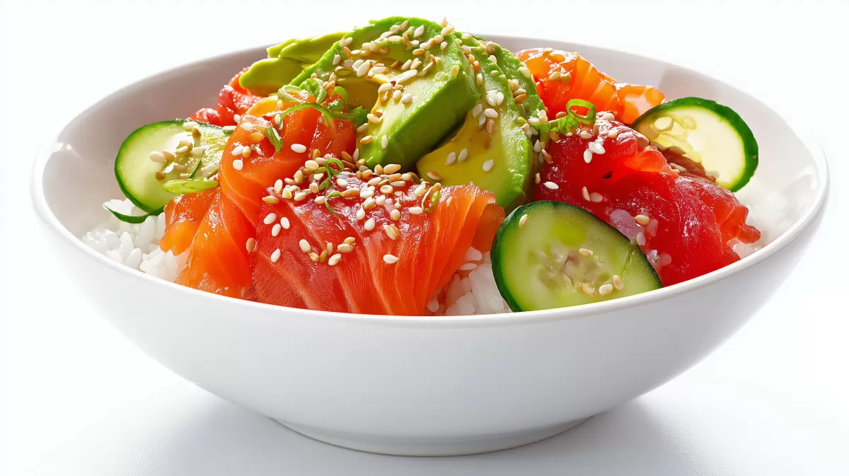 Buntes Chirashi Sushi mit Räucherlachs in weißer Schale