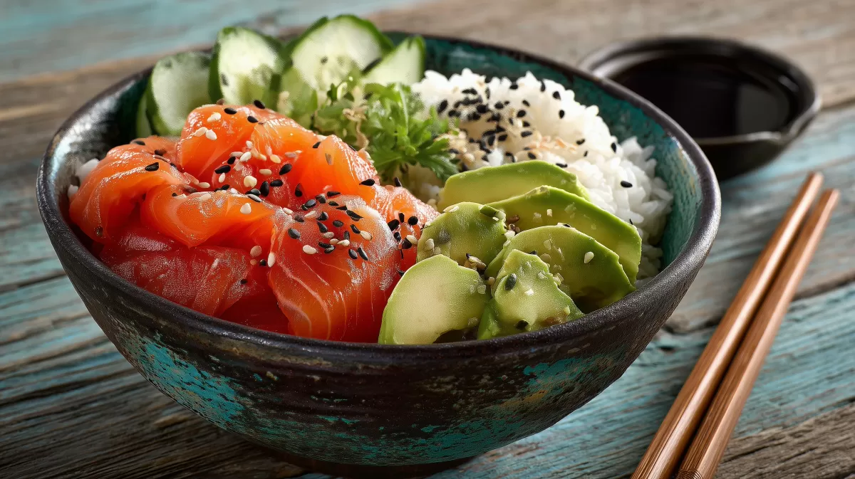 Buntes Chirashi Sushi mit Räucherlachs und Avocado