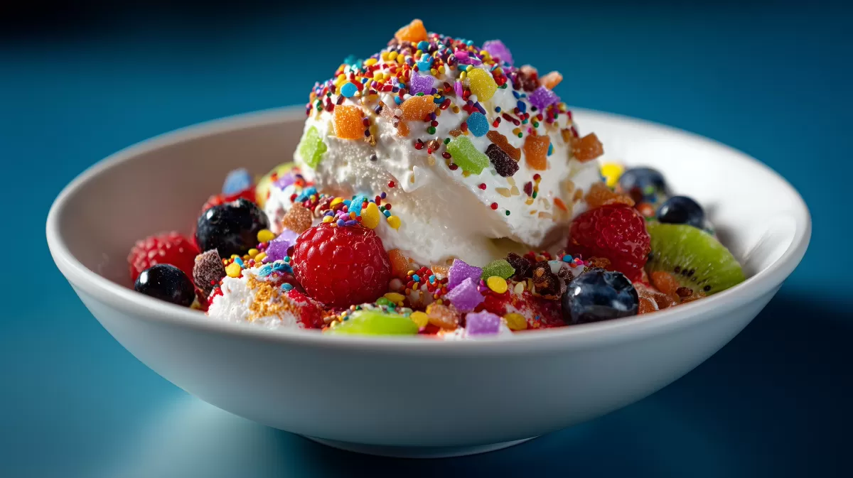 Buntes Dessert mit Früchten und Streuseln
