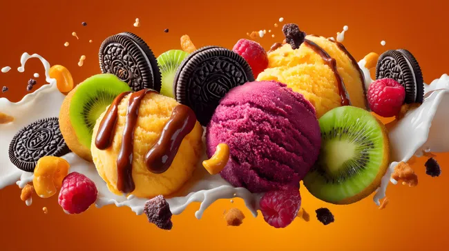 Buntes Eiscremeauge mit Früchten und Keksen