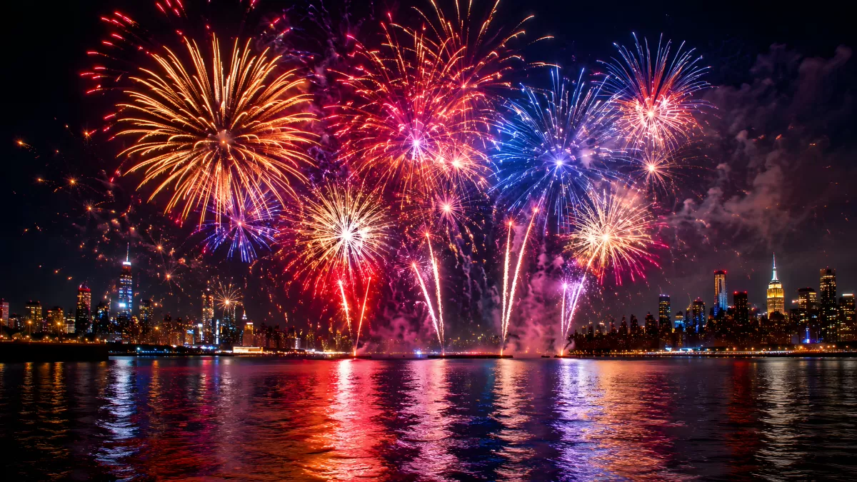 Buntes Feuerwerk über der Skyline von New York