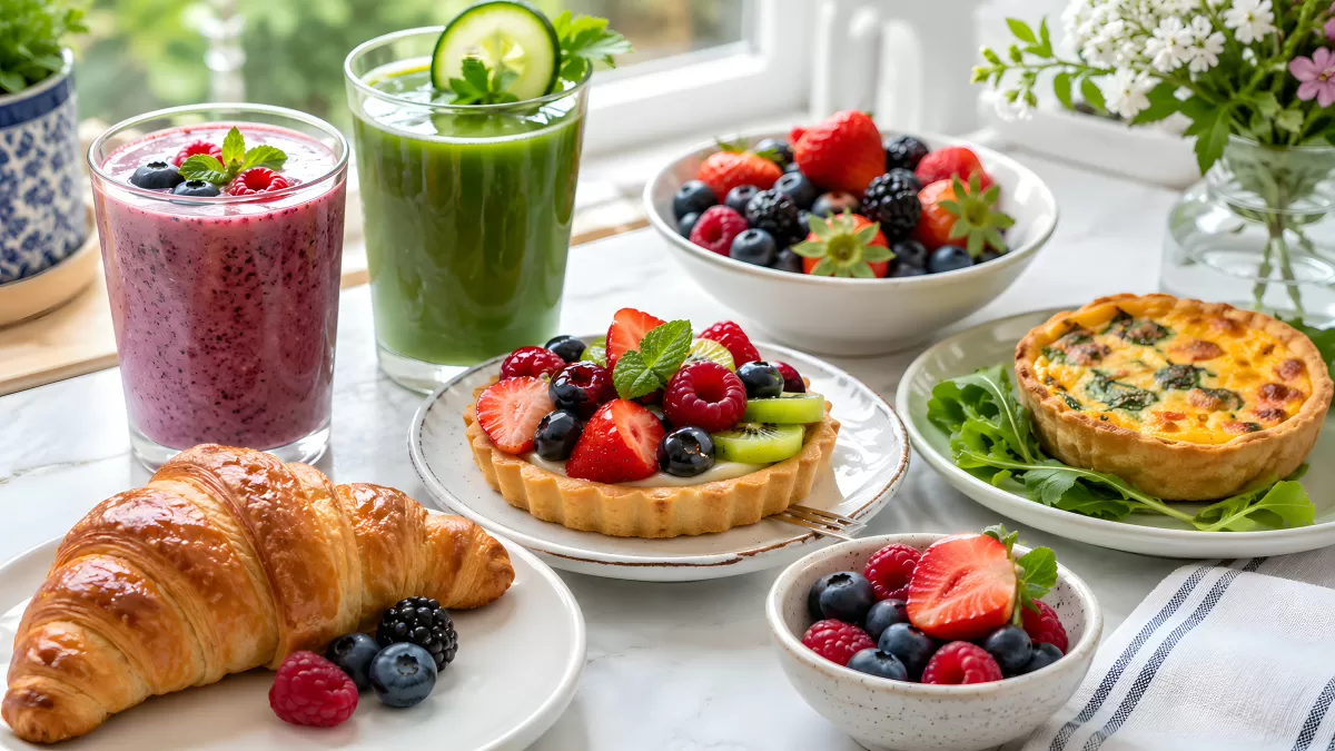 Buntes Frühstücksbuffet mit Croissant, Obsttarte und Smoothies